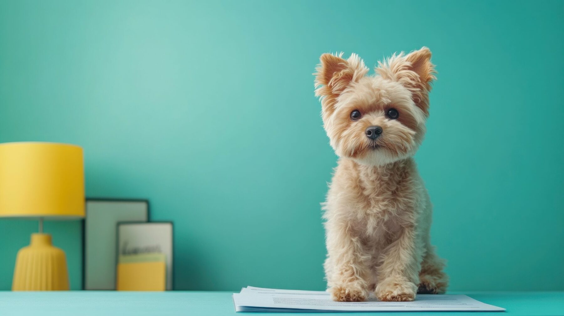 A small dog (likely a Yorkie) is standing on a stack of papers. The background is a turquoise color with a yellow lamp on the left side of the image. There are also some frames visible behind the dog, suggesting an indoor setting with a playful atmosphere.