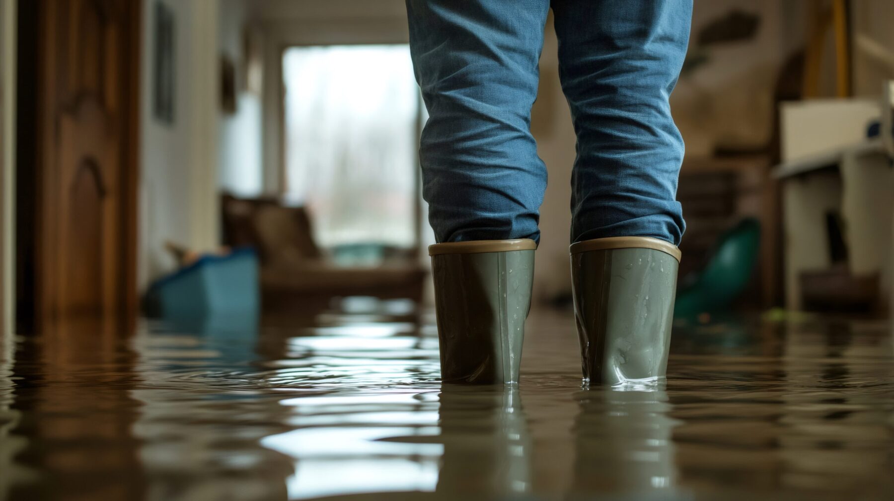 Plumber wearing rubber boots and walking on flooded house.