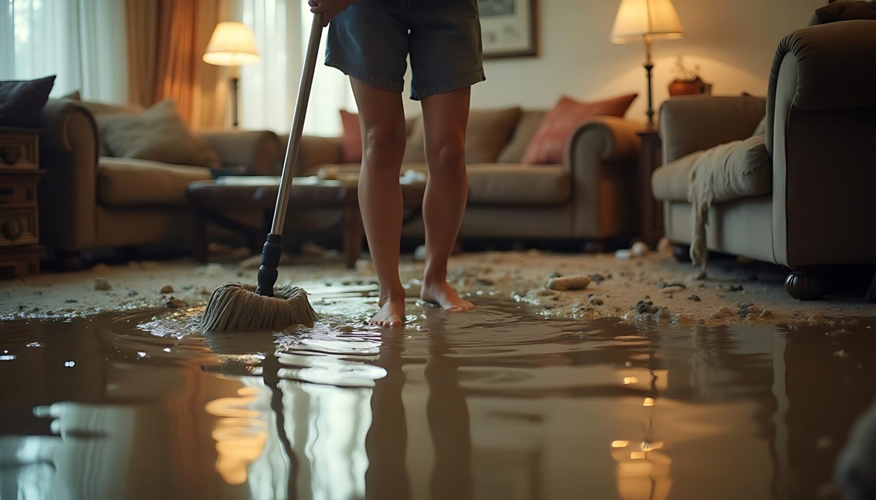 A person mops up a flooded living room dealing with water damage.