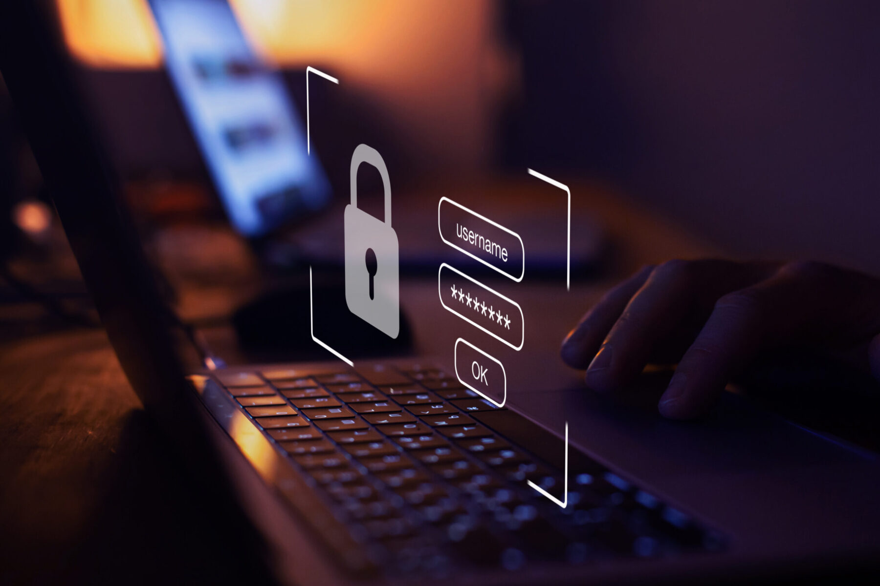 User typing login and password, cyber security concept.