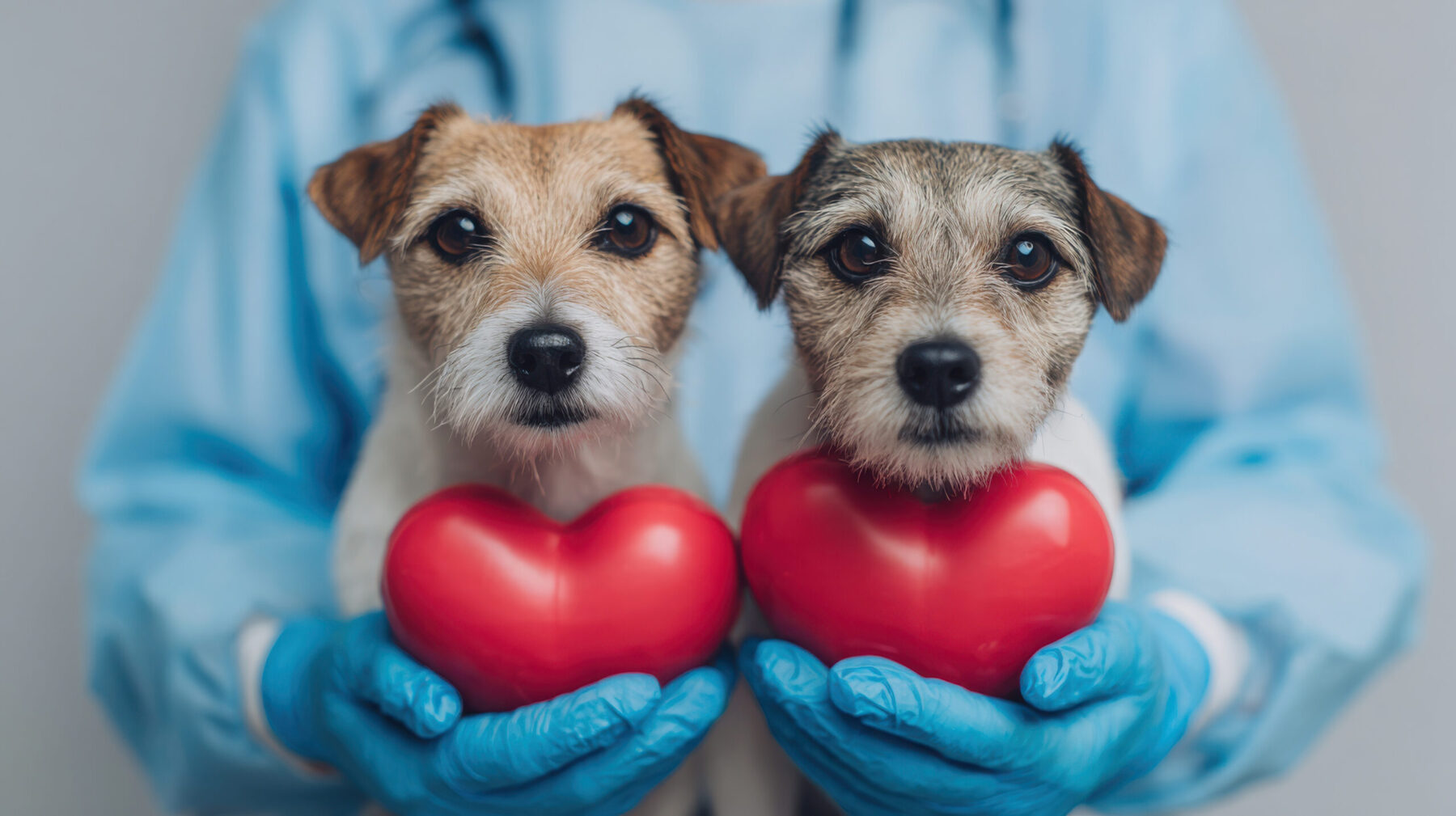 Two adorable dogs held by a person in medical gloves and a lab coat, each clutching a red heart, symbolizing love or pet care.