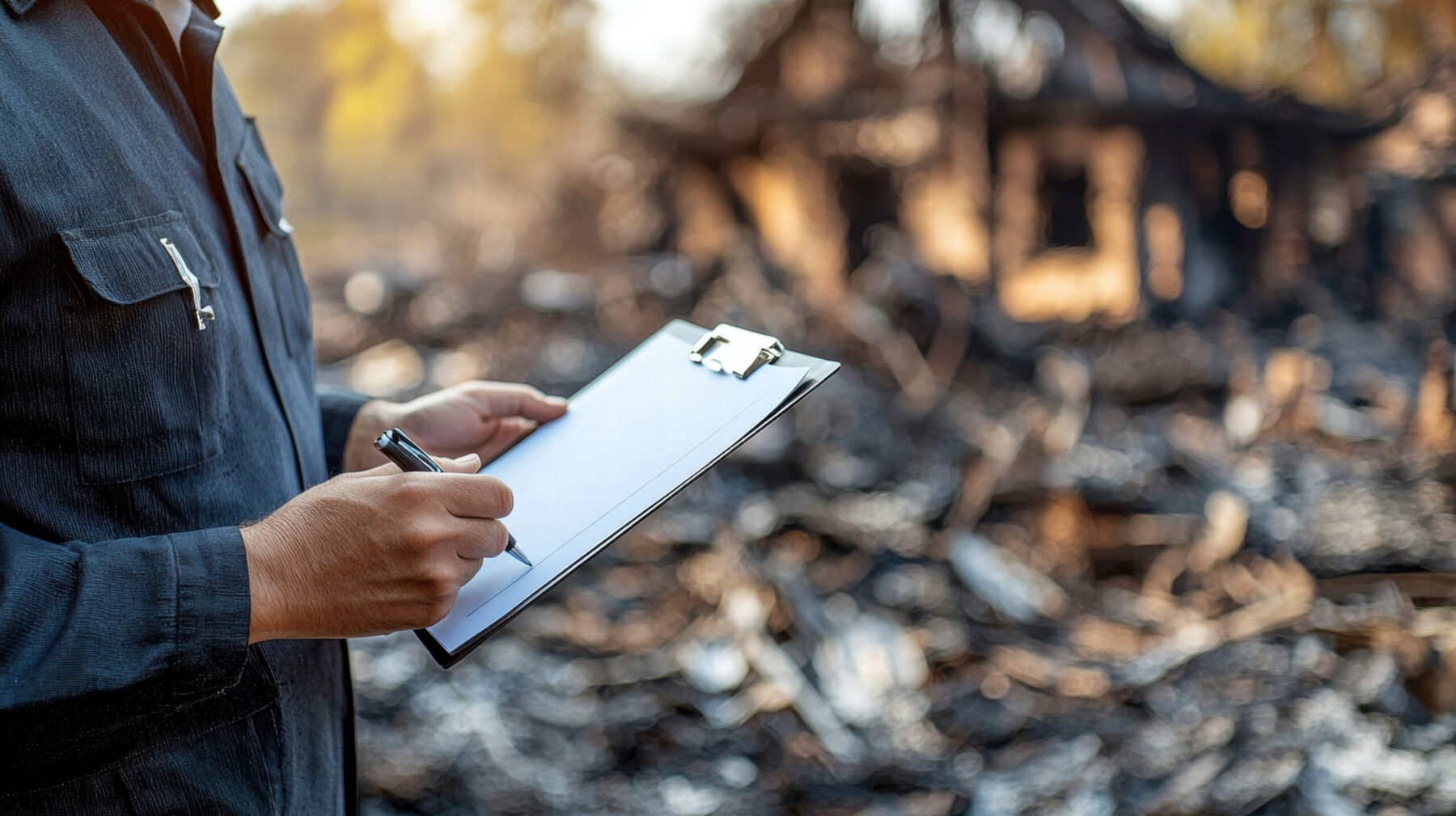 A person holding a clipboard takes notes while inspecting the aftermath of a fire, with charred debris and a burned structure in the background.