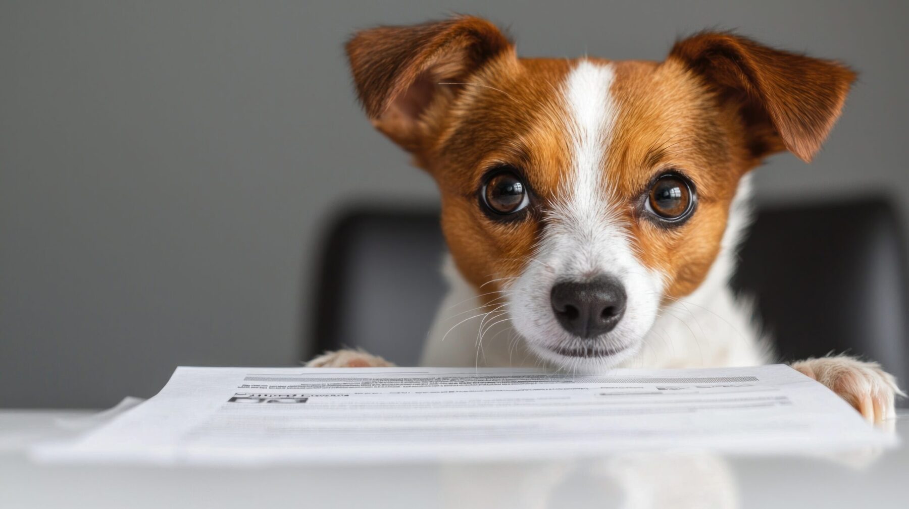 A curious puppy peeks over a sheet of paper, giving a playful and inquisitive look, possibly suggesting a connection to pet-related documents.