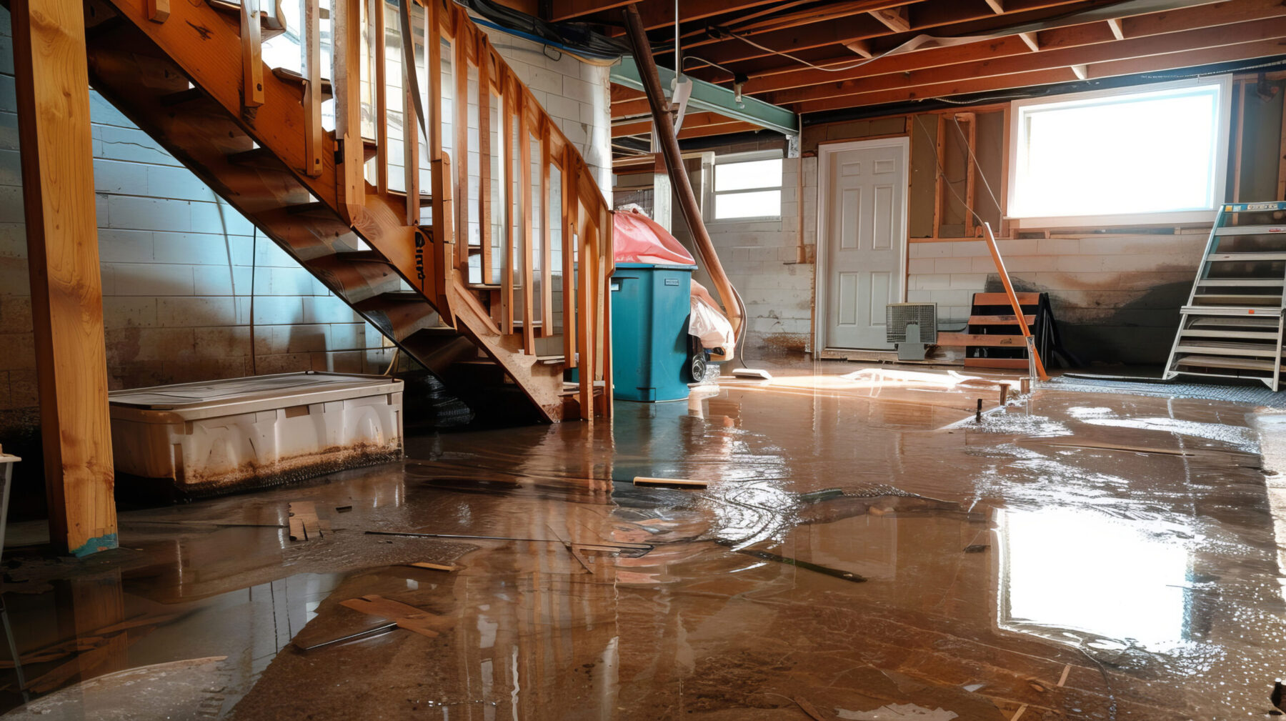 Basement with standing water due to flood.